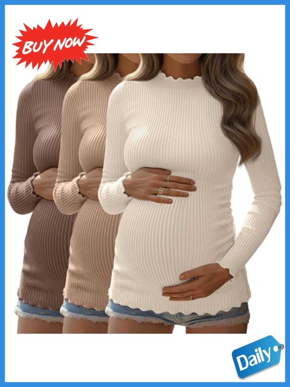 Women's Ribbed Long Sleeve Mock Turtleneck Maternity Tops 3 Pack